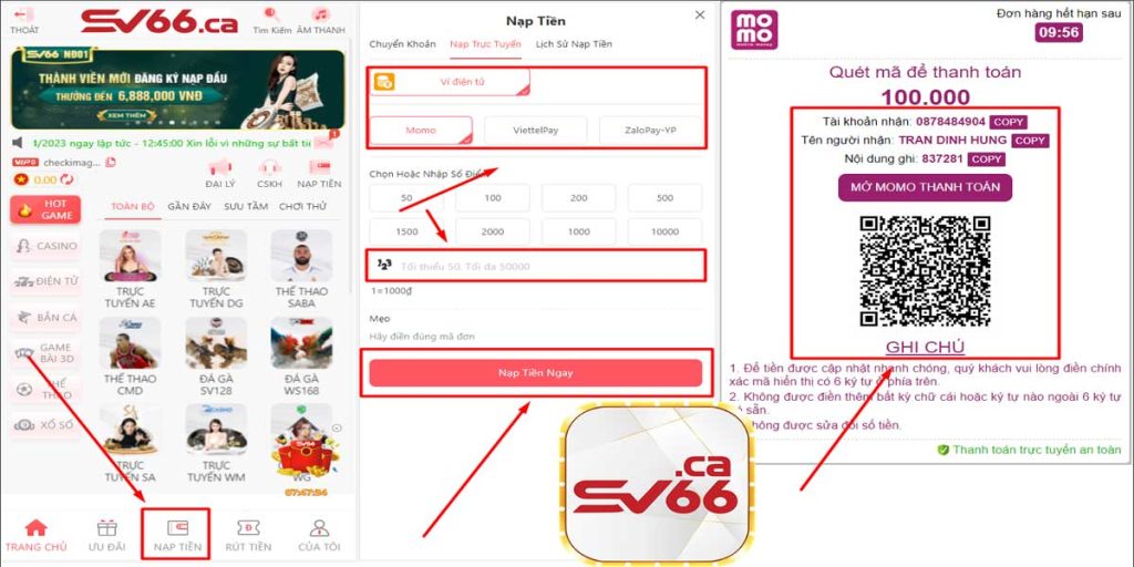 Nạp tiền SV66 bằng ví điện tử